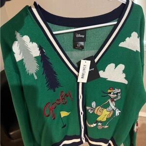 Box Lunch Disney Green Goofy Golf Cardigan with Navy & Cream Trim